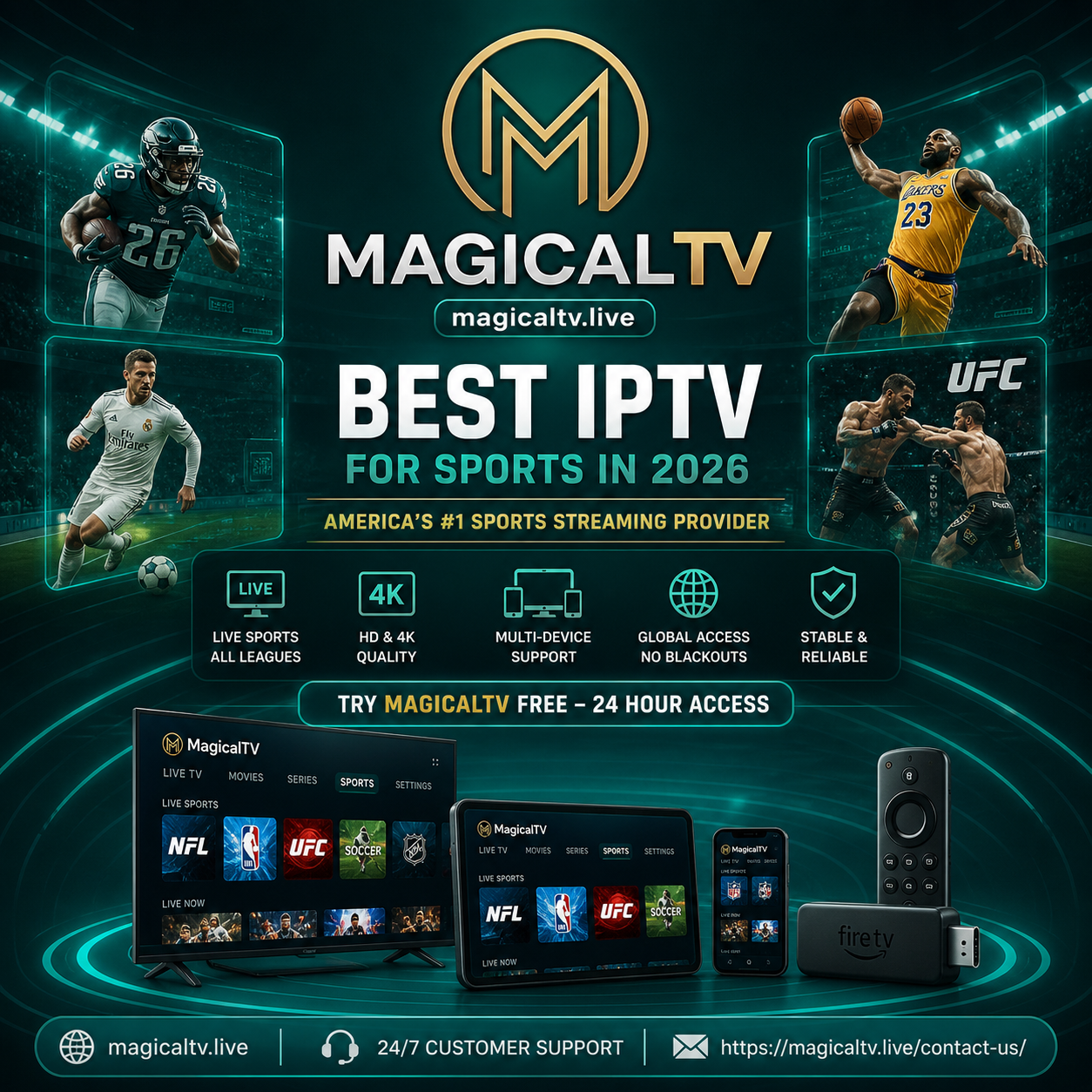 IPTV streaming service showing live sports and TV channels on multiple devices